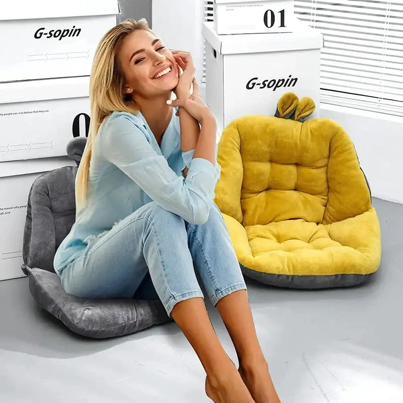 Yellow plush pumpkin-shaped cartoon velvet chair cushion with gray base and tufted back support for decorbites bedroom decor