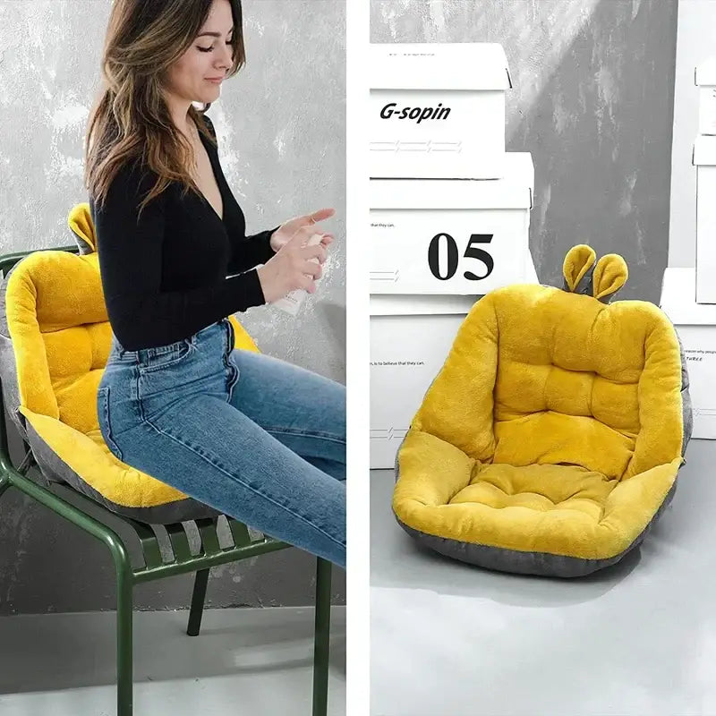 Yellow plush bee-shaped cartoon velvet chair cushion with gray base and antennae for bedroom back support decorbites chair cushion