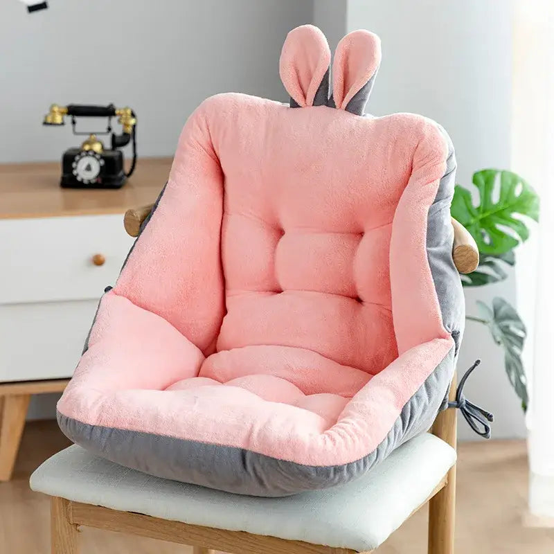 Pink and gray plush bunny chair cushion with soft tufted fabric and floppy ears from decorbites cartoon velvet collection