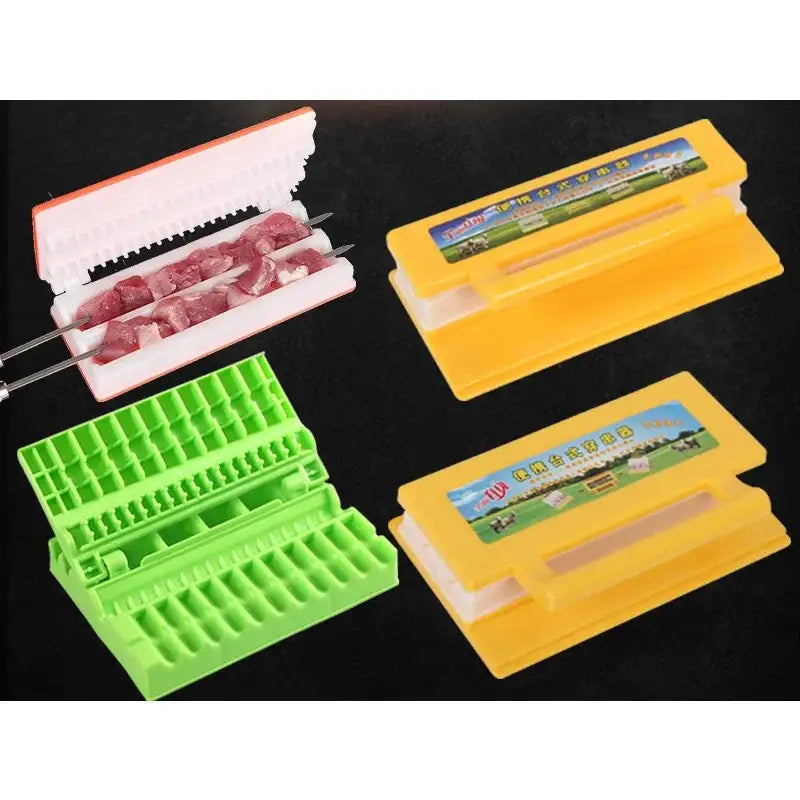 Yellow and green plastic bbq meat skewer maker with multiple slots for evenly spacing raw meat on metal skewers