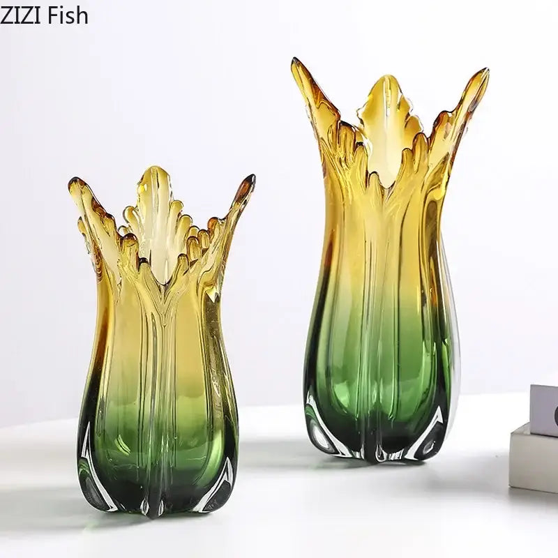 Two gradient yellow and green glass vase hydroponics with leaf-like rims ideal for artificial flowers in dining room