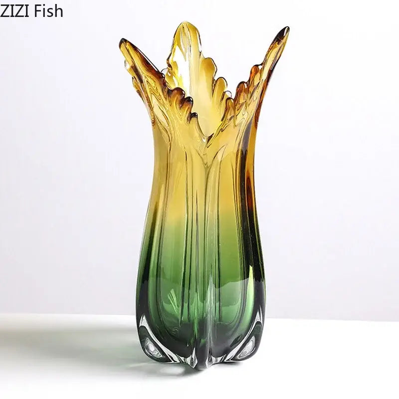Yellow and green glass vase with fluted design and crystal feet for glass vase hydroponics and artificial flowers display