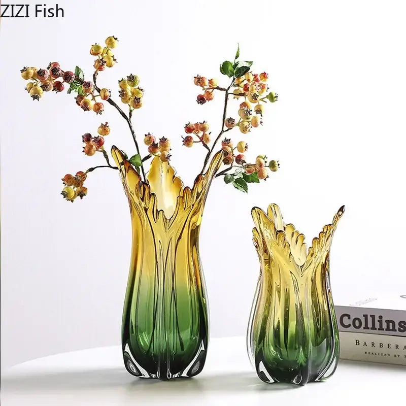 Two yellow to green gradient glass vases with sculpted leaf rims for artificial flowers and glass vase hydroponics