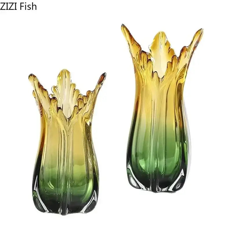 Two gradient glass vases with yellow-to-green color transition and leaf-like tops for artificial flowers and hydroponics