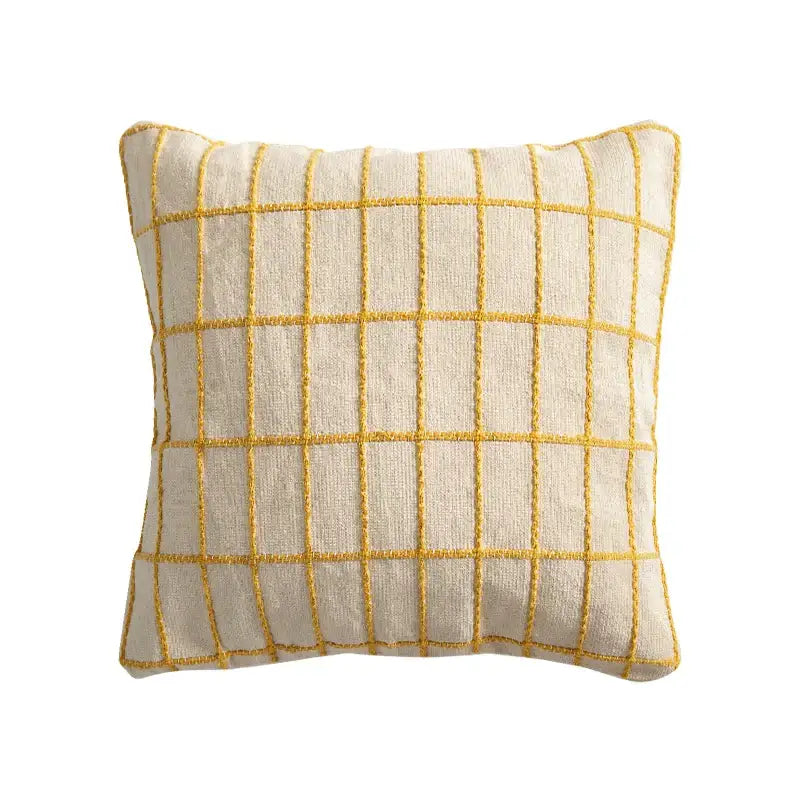 Cream-colored decorbites cotton woven check cushion cover with bold mustard yellow grid stitching for living room decor
