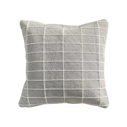 Gray throw pillow with subtle white grid pattern on textured fabric cotton woven check cushion cover decorbites
