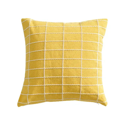 Yellow square cushion cover with white grid pattern made of decorbites cotton woven check for living room decor