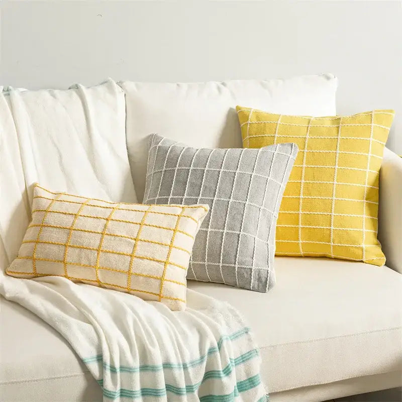 Three rectangular yellow gray and cream decorbites cotton woven check cushion covers for living room decor