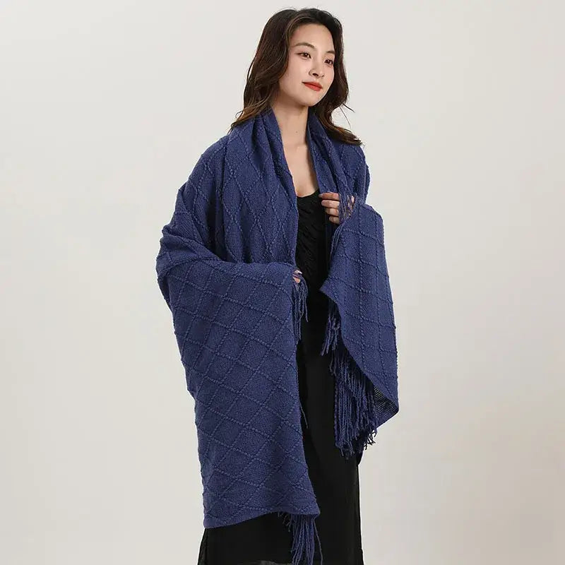 Deep blue decorbites knitted diamond shawl with fringed edges for versatile use as a knitted diamond blanket wrap