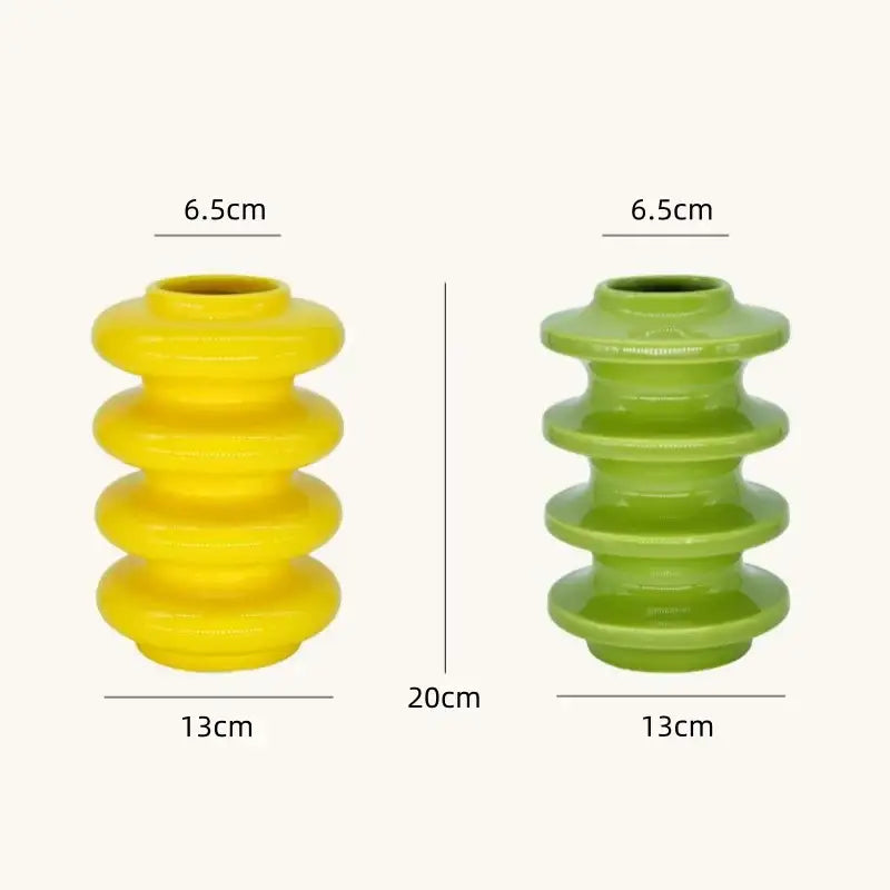Vibrant yellow and lime geometric circles abstract ceramic vases with stacked ribbed tiers for living room decorbites geometric circles decor