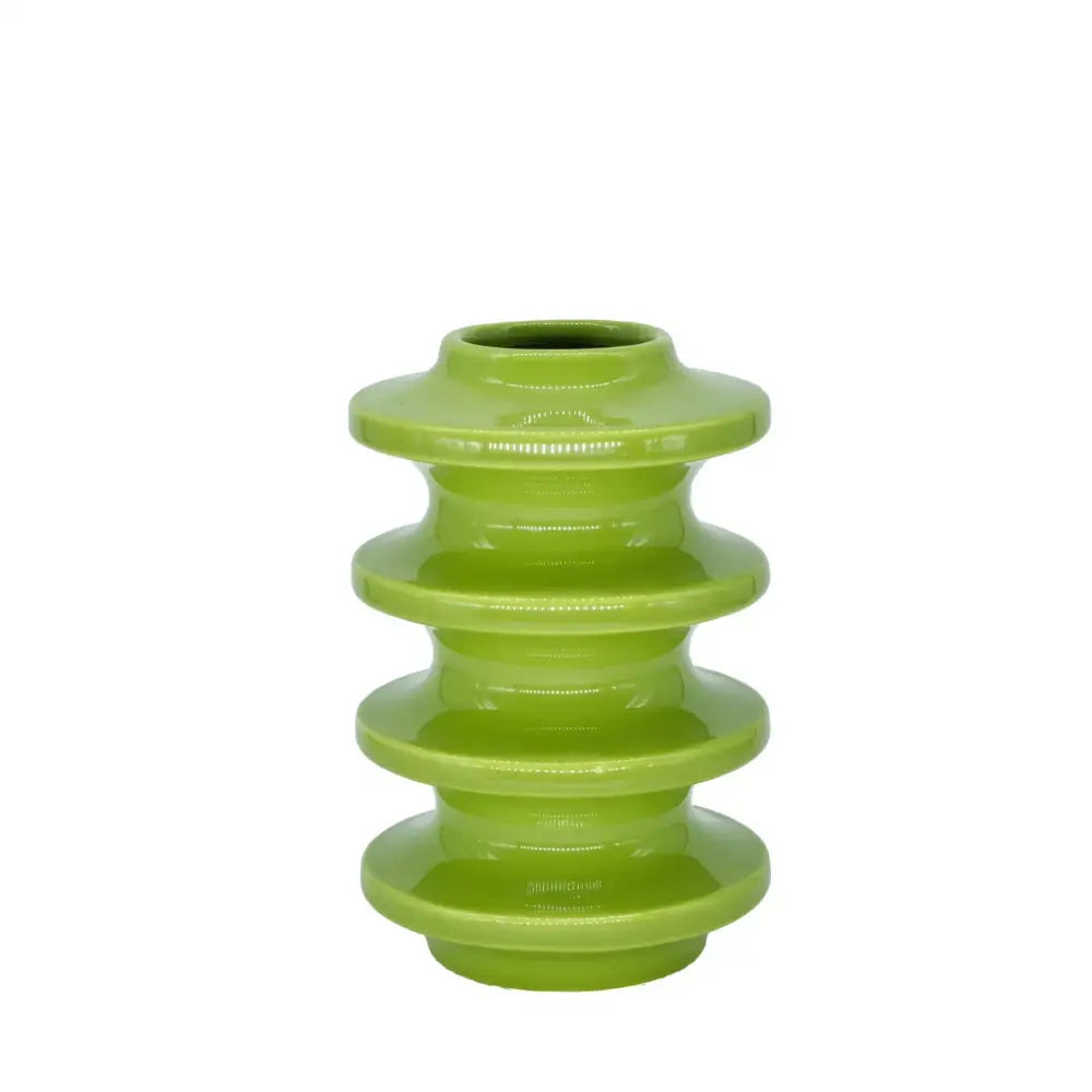 A sleek lime green ceramic vase with stacked-ring design featuring geometric circles abstract decor for living room