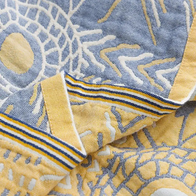 Yellow navy and white cotton gauze soft throw blanket with embroidered coral design perfect for bedroom decorbites cotton gauze