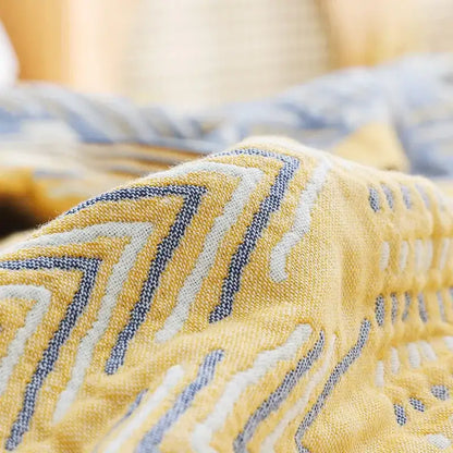 Yellow navy and white cotton gauze soft throw blanket with geometric zigzag pattern for bedroom decorbites cotton gauze
