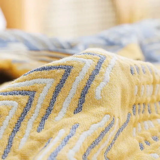 Yellow navy and white cotton gauze soft throw blanket with geometric zigzag pattern for bedroom decorbites cotton gauze