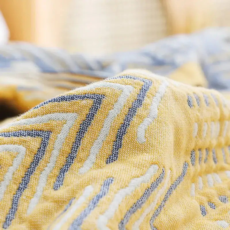 Yellow navy and white cotton gauze soft throw blanket with geometric zigzag pattern for bedroom decorbites cotton gauze