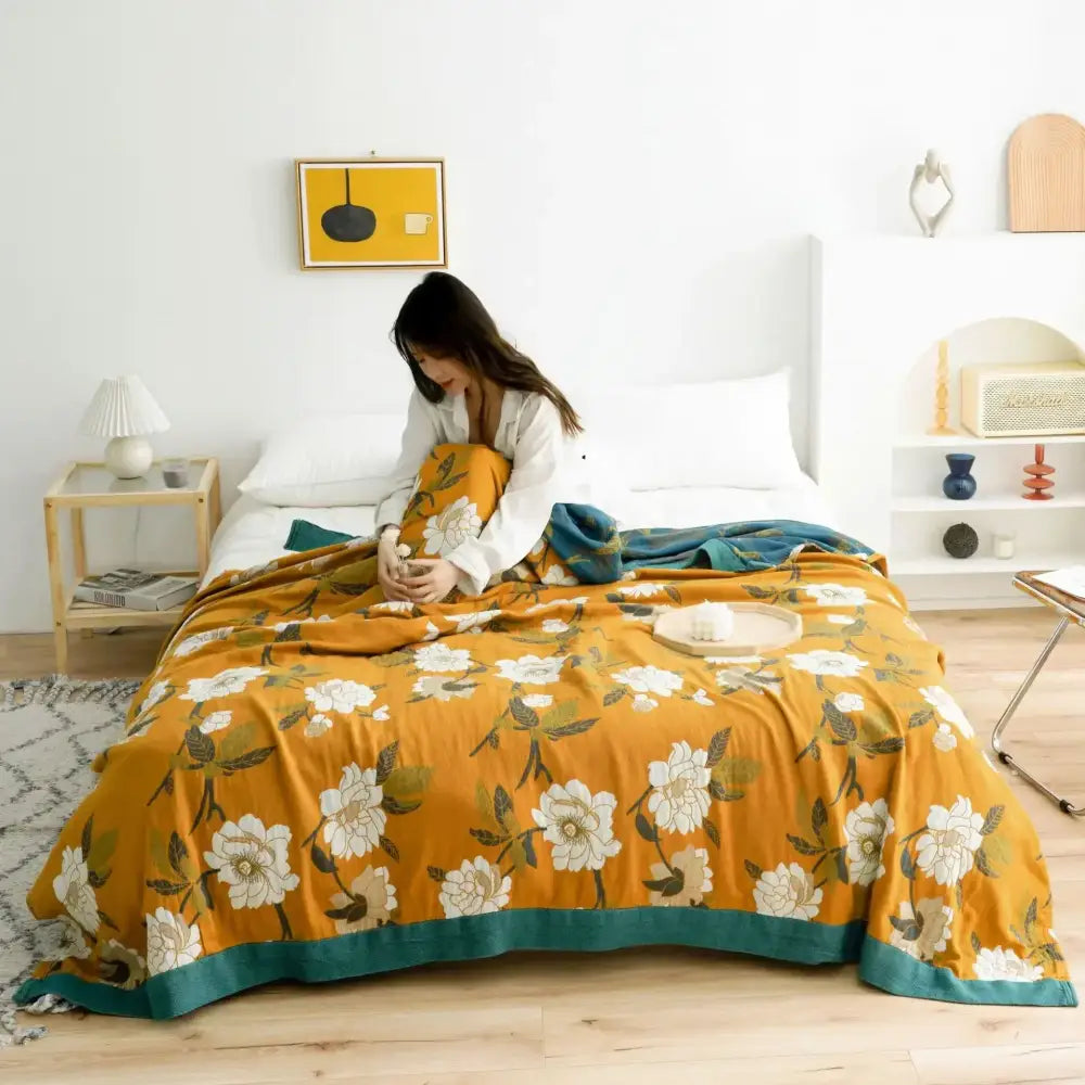 Warm orange floral decorbites cotton gauze soft throw blanket with teal border for bedroom decor