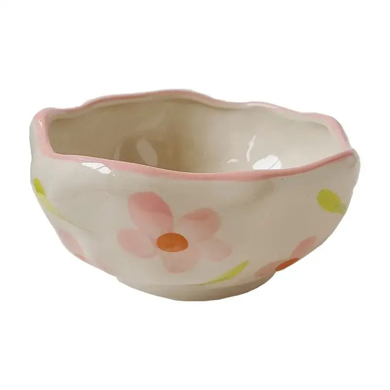Delicate decorbites ceramic salad bowl set with scalloped edge, pink flowers, green leaves on off-white glaze for kitchen dining
