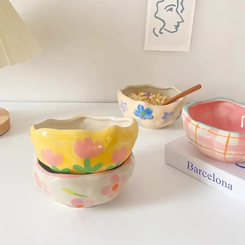 Yellow ceramic salad bowl with pink tulip decals and scalloped edges from decorbites ceramic salad bowl set