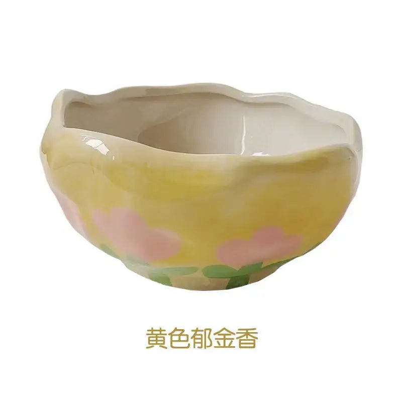 Yellow ceramic salad bowl with scalloped rim hand-painted pink flowers and green leaves decorbites ceramic salad set