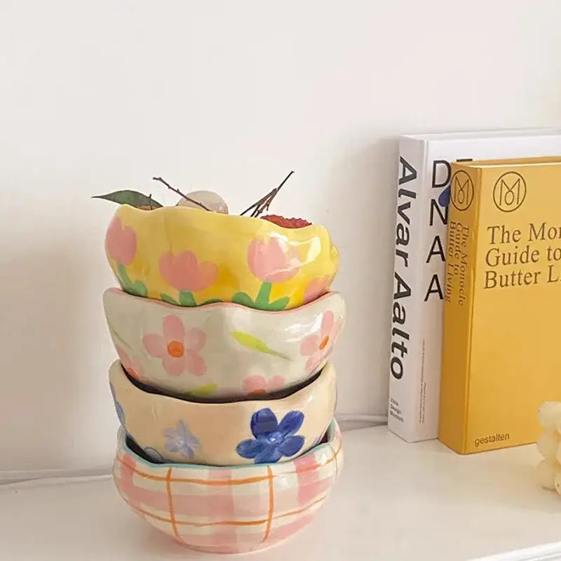 Stacked decorbites ceramic salad bowls in yellow and pink tulip patterns with pastel floral and checkered designs