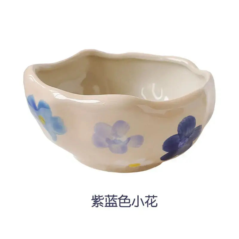 Cream ceramic salad bowl with purple and blue floral scalloped rim from decorbites salad bowl set for dining room and kitchen