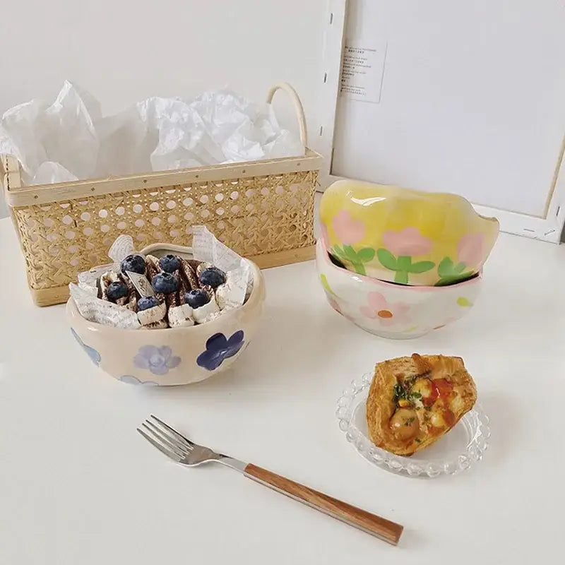 Pastel-colored ceramic salad bowl set with yellow and pink tulip floral patterns and glossy finish for decorbites ceramic salad use
