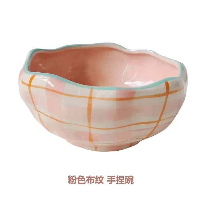 Pink ceramic salad bowl with scalloped edges and plaid pattern from decorbites ceramic salad bowl set