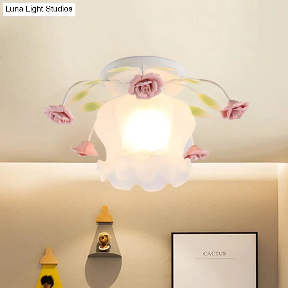 DecorBites™ DecorBites™ Yellow-Pink/White-Pink Flowerbud Cream Matte Glass Semi Flush Mount Ceiling Light for Corridors