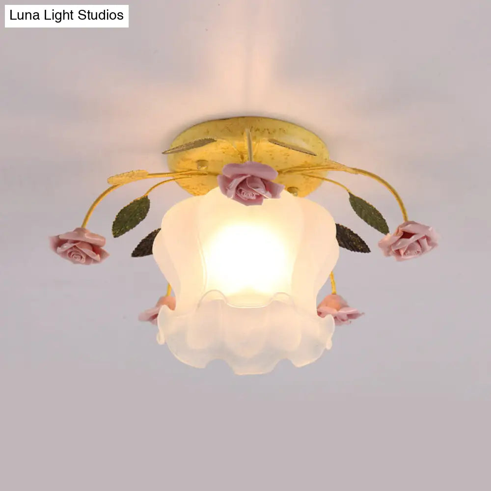 DecorBites™ DecorBites™ Yellow-Pink/White-Pink Flowerbud Cream Matte Glass Semi Flush Mount Ceiling Light for Corridors
