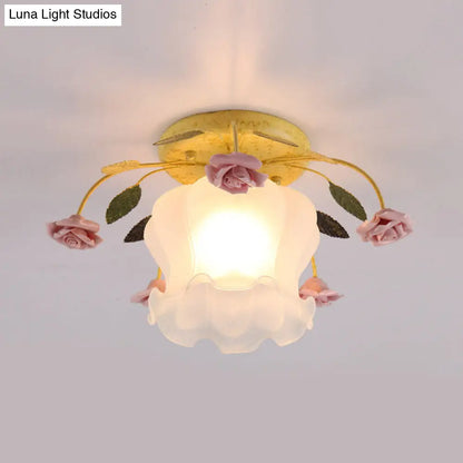 DecorBites™ DecorBites™ Yellow-Pink/White-Pink Flowerbud Cream Matte Glass Semi Flush Mount Ceiling Light for Corridors
