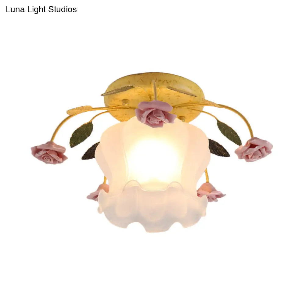 DecorBites™ DecorBites™ Yellow-Pink/White-Pink Flowerbud Cream Matte Glass Semi Flush Mount Ceiling Light for Corridors