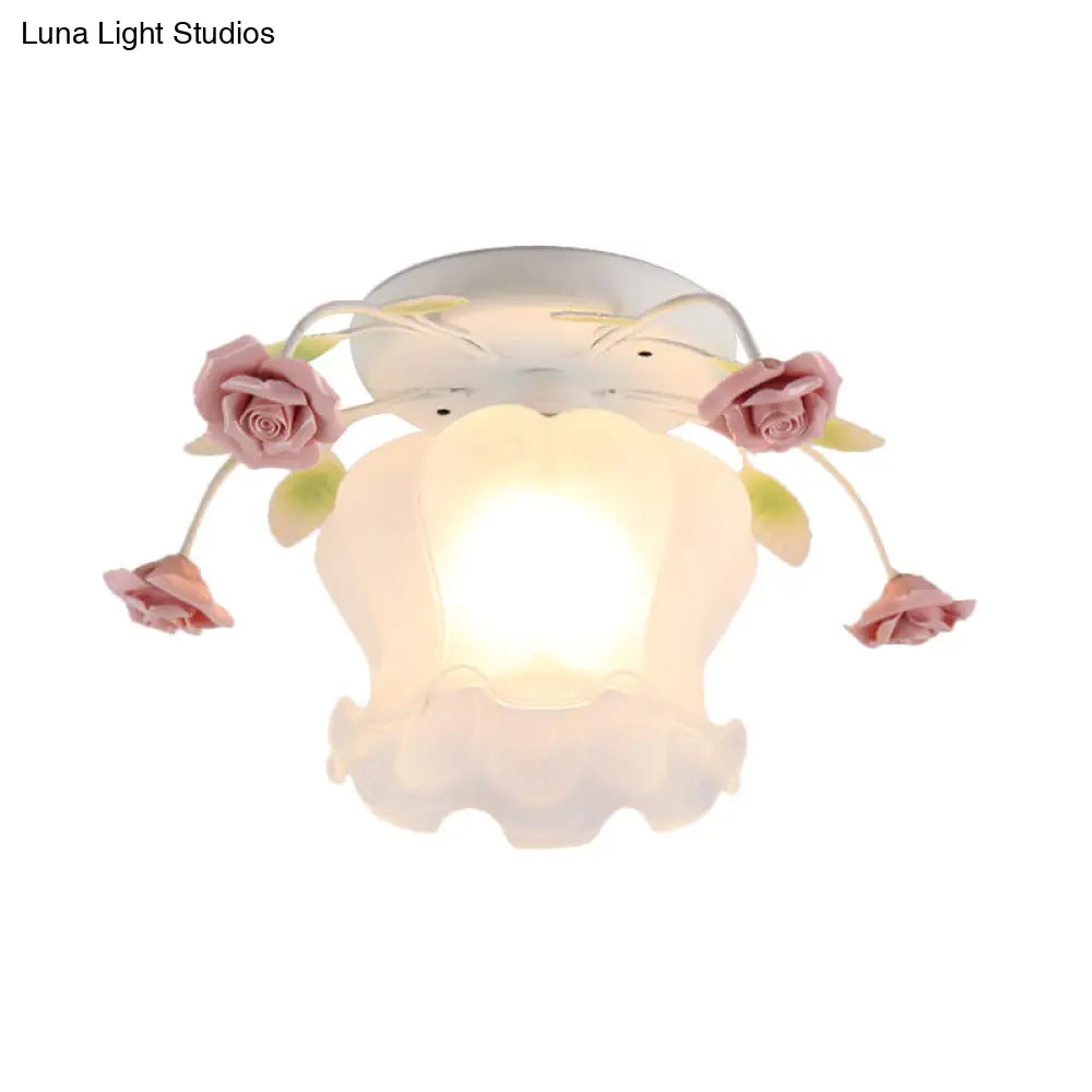 DecorBites™ DecorBites™ Yellow-Pink/White-Pink Flowerbud Cream Matte Glass Semi Flush Mount Ceiling Light for Corridors