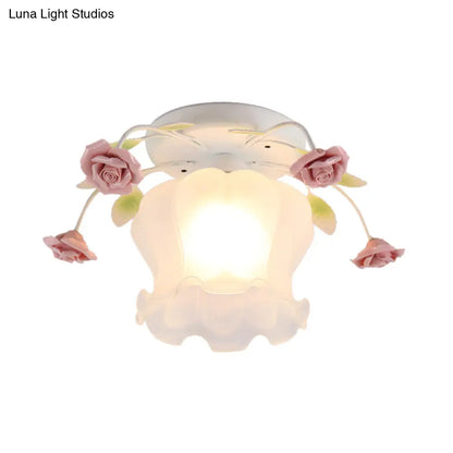 DecorBites™ DecorBites™ Yellow-Pink/White-Pink Flowerbud Cream Matte Glass Semi Flush Mount Ceiling Light for Corridors
