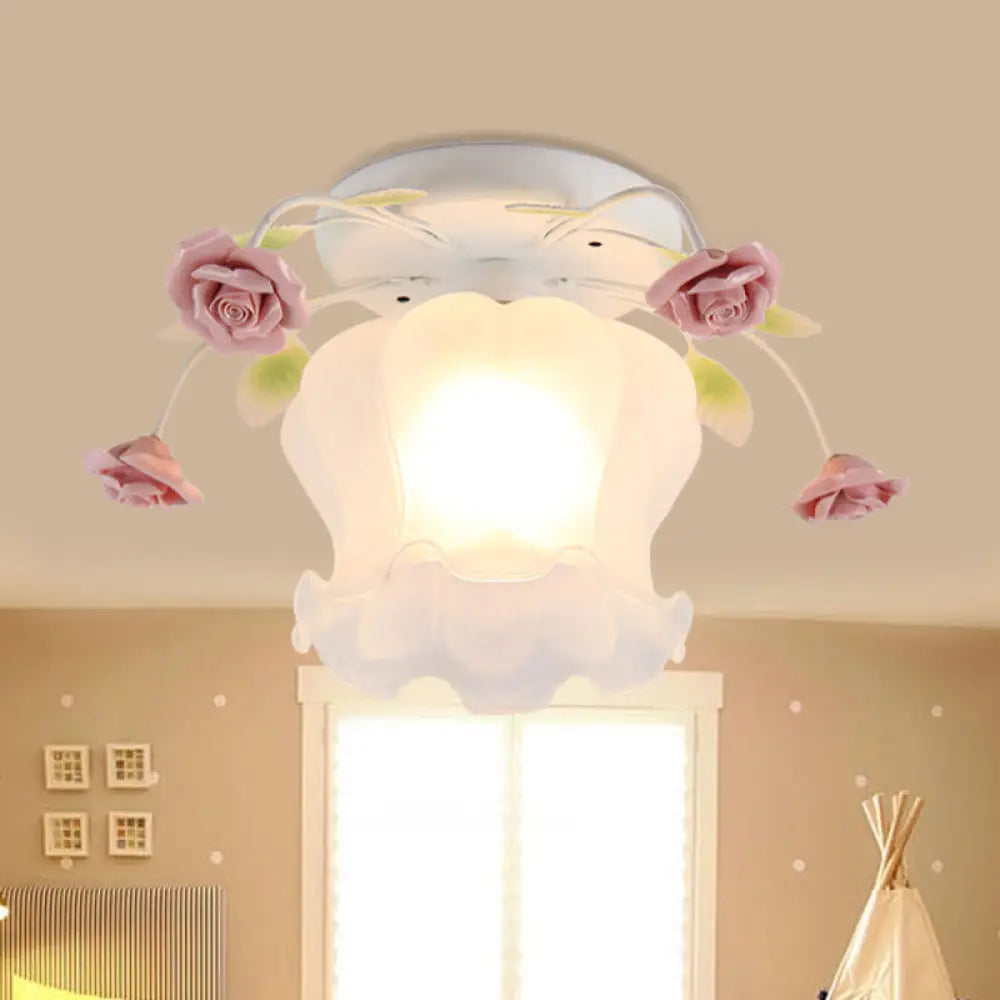 DecorBites™ DecorBites™ Yellow-Pink/White-Pink Flowerbud Cream Matte Glass Semi Flush Mount Ceiling Light for Corridors