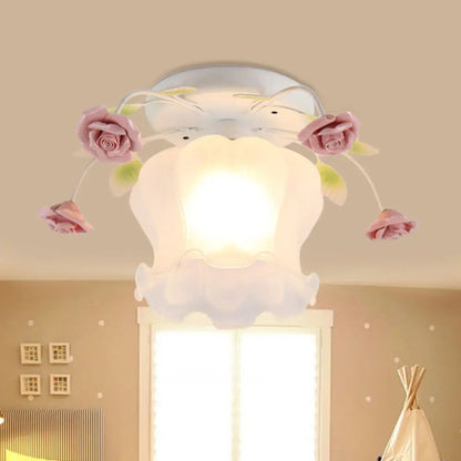 DecorBites™ DecorBites™ Yellow-Pink/White-Pink Flowerbud Cream Matte Glass Semi Flush Mount Ceiling Light for Corridors