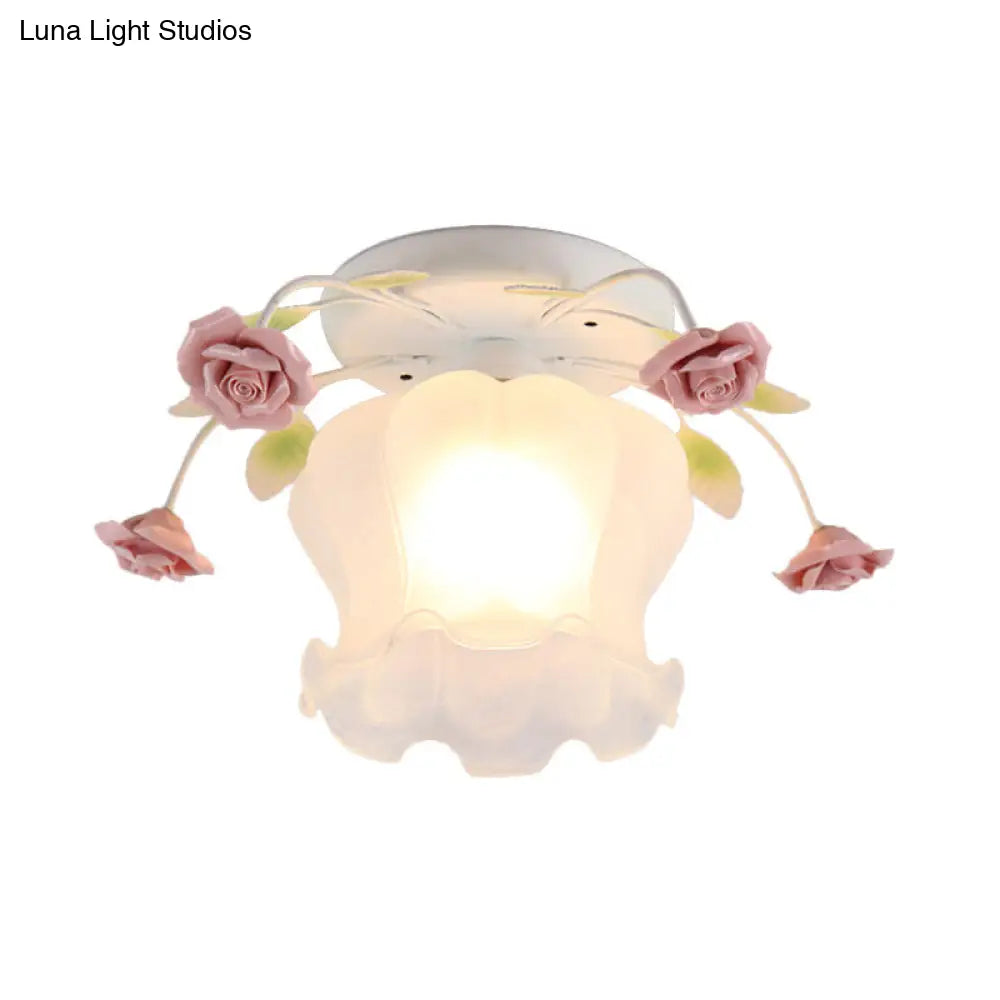 DecorBites™ DecorBites™ Yellow-Pink/White-Pink Flowerbud Cream Matte Glass Semi Flush Mount Ceiling Light for Corridors