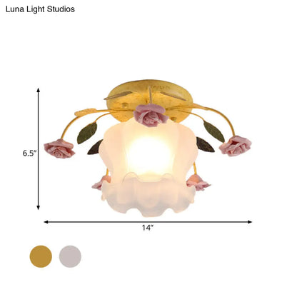 DecorBites™ DecorBites™ Yellow-Pink/White-Pink Flowerbud Cream Matte Glass Semi Flush Mount Ceiling Light for Corridors