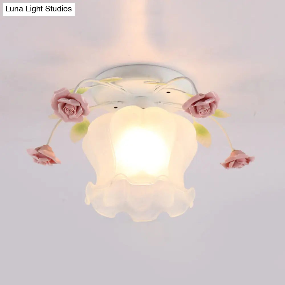 DecorBites™ DecorBites™ Yellow-Pink/White-Pink Flowerbud Cream Matte Glass Semi Flush Mount Ceiling Light for Corridors