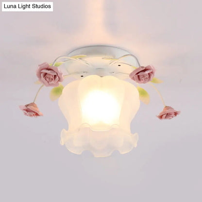 DecorBites™ DecorBites™ Yellow-Pink/White-Pink Flowerbud Cream Matte Glass Semi Flush Mount Ceiling Light for Corridors