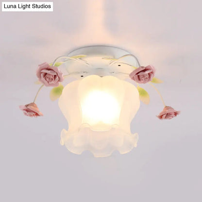 DecorBites™ DecorBites™ Yellow-Pink/White-Pink Flowerbud Cream Matte Glass Semi Flush Mount Ceiling Light for Corridors