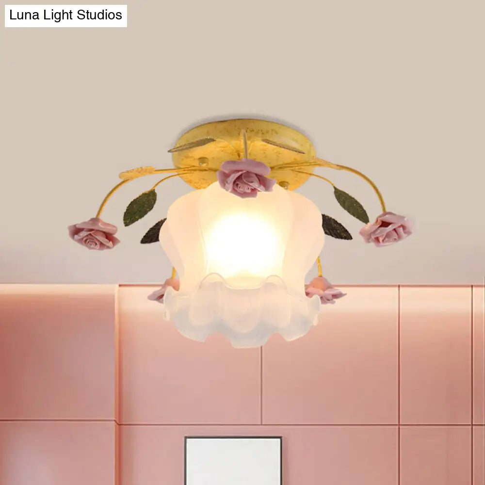 DecorBites™ DecorBites™ Yellow-Pink/White-Pink Flowerbud Cream Matte Glass Semi Flush Mount Ceiling Light for Corridors