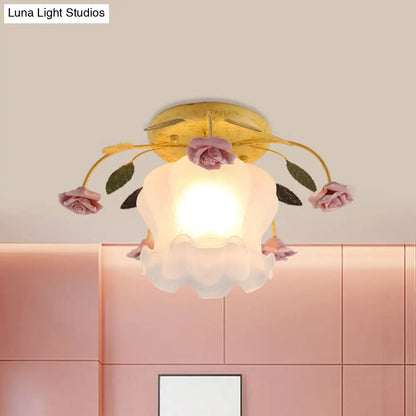 DecorBites™ DecorBites™ Yellow-Pink/White-Pink Flowerbud Cream Matte Glass Semi Flush Mount Ceiling Light for Corridors