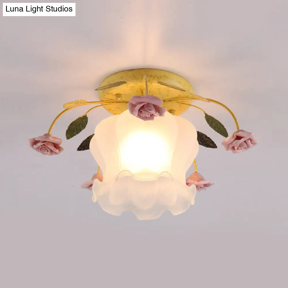 DecorBites™ DecorBites™ Yellow-Pink/White-Pink Flowerbud Cream Matte Glass Semi Flush Mount Ceiling Light for Corridors