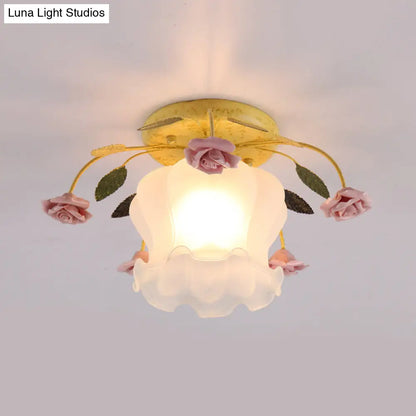DecorBites™ DecorBites™ Yellow-Pink/White-Pink Flowerbud Cream Matte Glass Semi Flush Mount Ceiling Light for Corridors