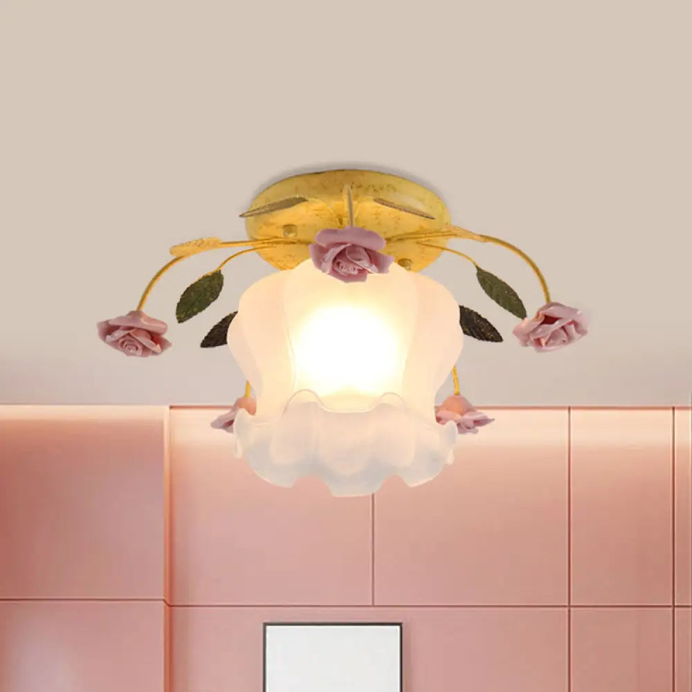 DecorBites™ DecorBites™ Yellow-Pink/White-Pink Flowerbud Cream Matte Glass Semi Flush Mount Ceiling Light for Corridors
