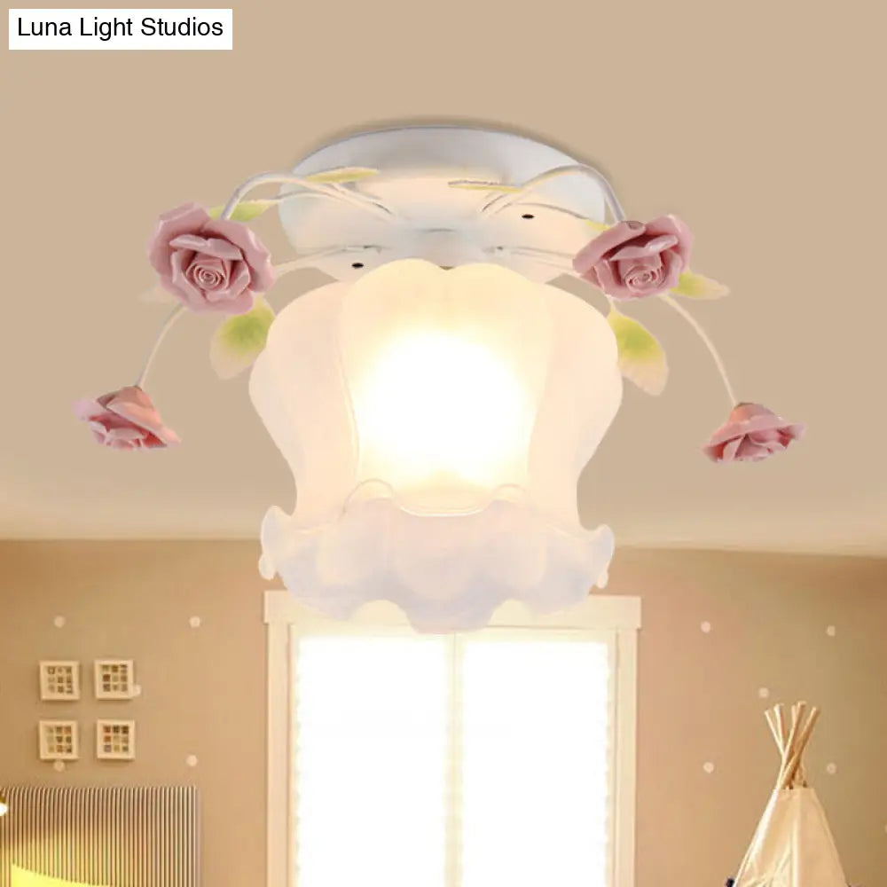 DecorBites™ DecorBites™ Yellow-Pink/White-Pink Flowerbud Cream Matte Glass Semi Flush Mount Ceiling Light for Corridors