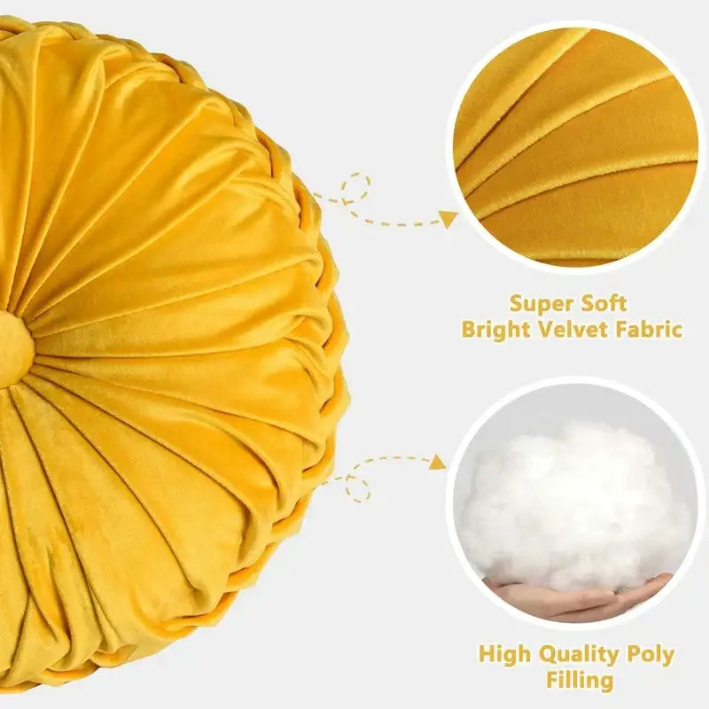 Bright yellow pleated velvet round throw pillow with super soft fabric and poly filling for living room decorbites 3d pumpkin