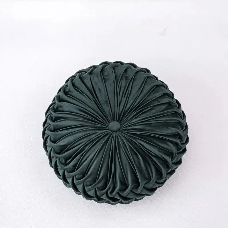 Dark green velvet round throw pillow with pleated sunburst design for decorbites 3d pumpkin and pumpkin vehicle wheel decor