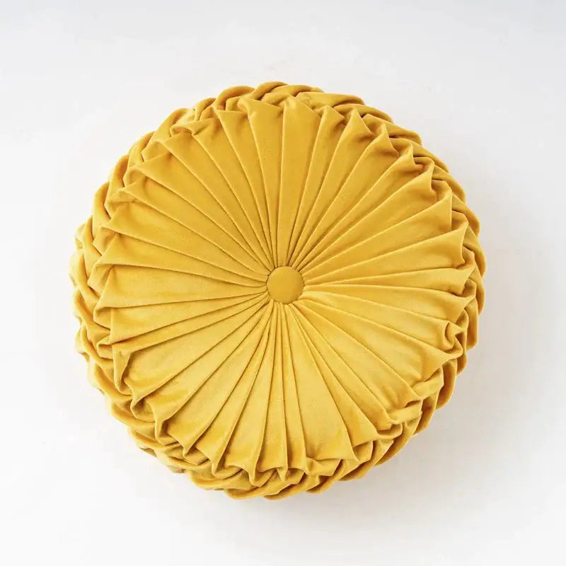 A mustard yellow velvet round throw pillow with radial pleated design ideal for living room decorbites 3d pumpkin decor
