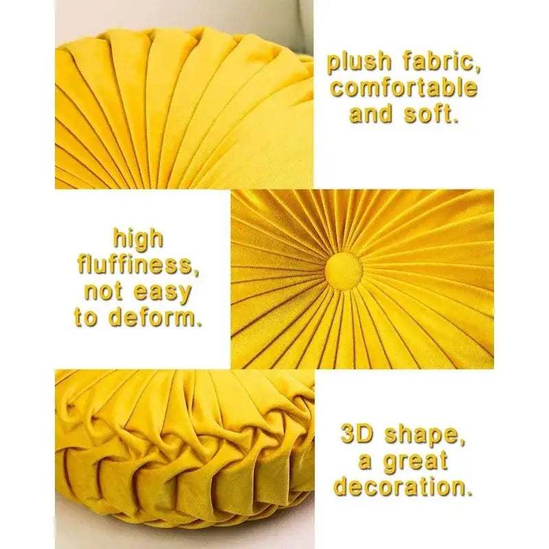 A yellow pleated velvet round throw pillow with 3d pumpkin design and soft high-fluff fabric for living room decorbites